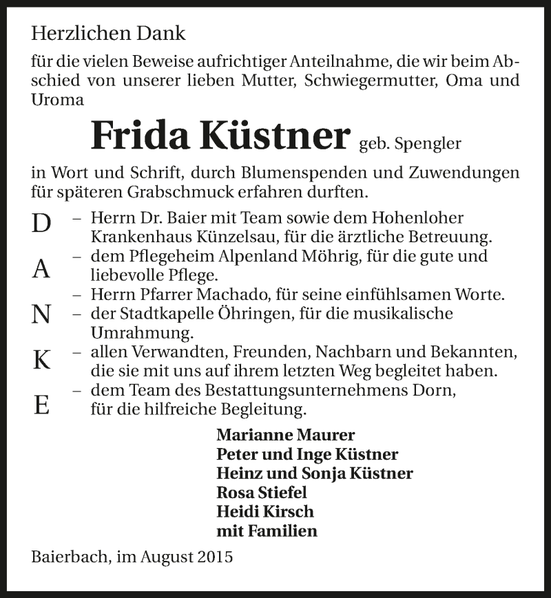  Traueranzeige für Frida Küstner vom 08.08.2015 aus 