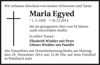 Traueranzeige von Maria Egyed 