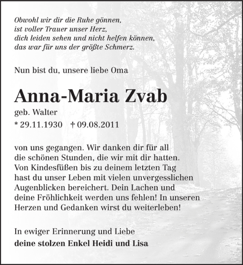  Traueranzeige für Anna-Maria Zvab vom 13.08.2011 aus 