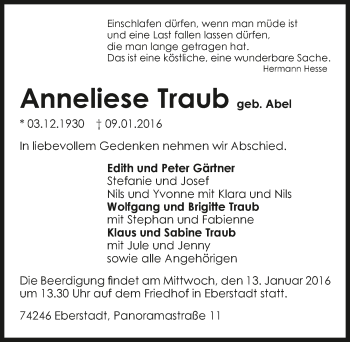 Traueranzeige von Anneliese Traub 