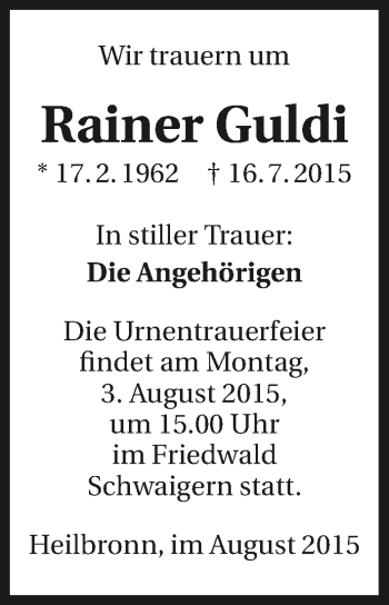 Traueranzeige von Rainer Guldi 