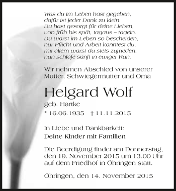 Traueranzeige von Helgard Wolf 