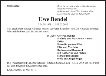 Traueranzeige von Uwe Bendel 