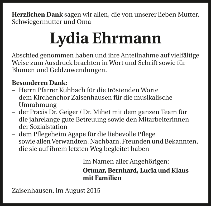  Traueranzeige für Lydia Ehrmann vom 05.08.2015 aus 
