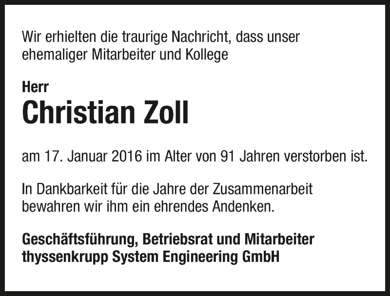  Traueranzeige für Christian Zoll vom 20.01.2016 aus 