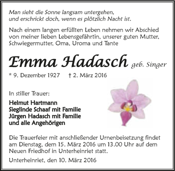 Traueranzeige von Emma Hadasch 