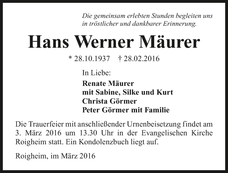  Traueranzeige für Hans Werner Mäurer vom 01.03.2016 aus 