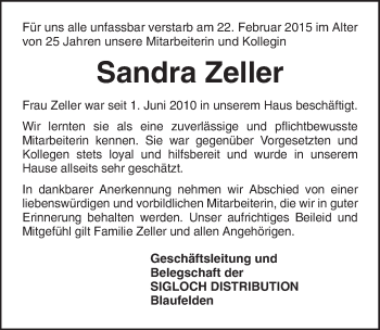 Traueranzeige von Sandra Zeller 