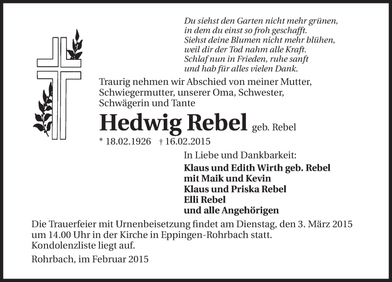  Traueranzeige für Hedwig Rebel vom 27.02.2015 aus 