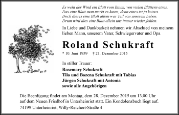 Traueranzeige von Roland Schukraft 