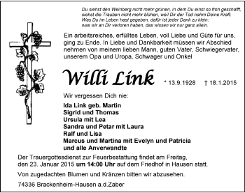 Traueranzeige von Willi Link 