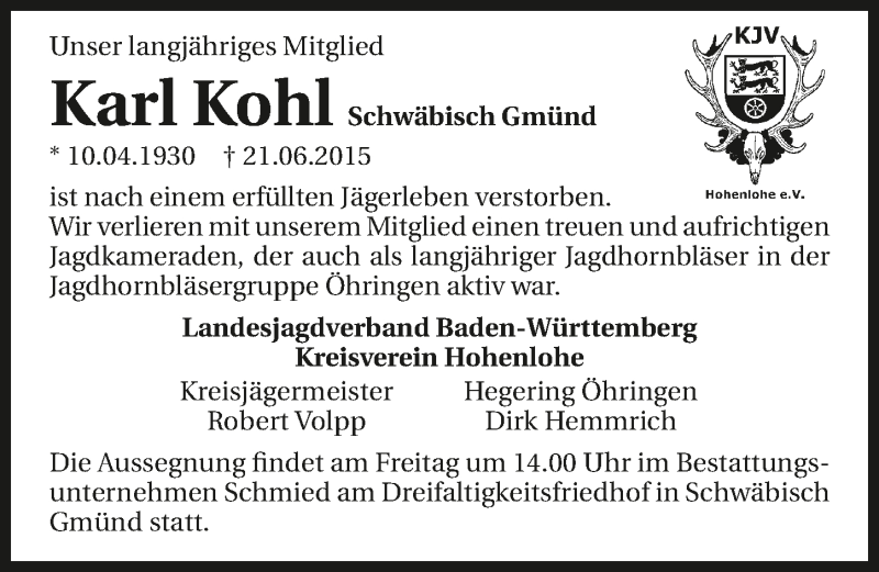  Traueranzeige für Karl Kohl vom 25.06.2015 aus 