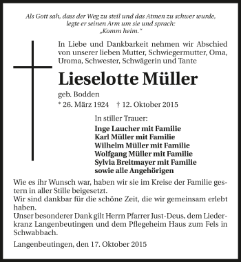 Traueranzeige von Lieselotte Müller 