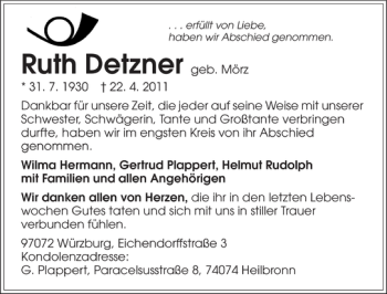 Traueranzeige von Ruth Detzner 