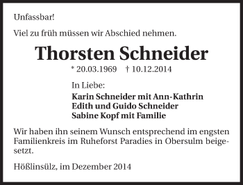 Traueranzeige von Thorsten Schneider 