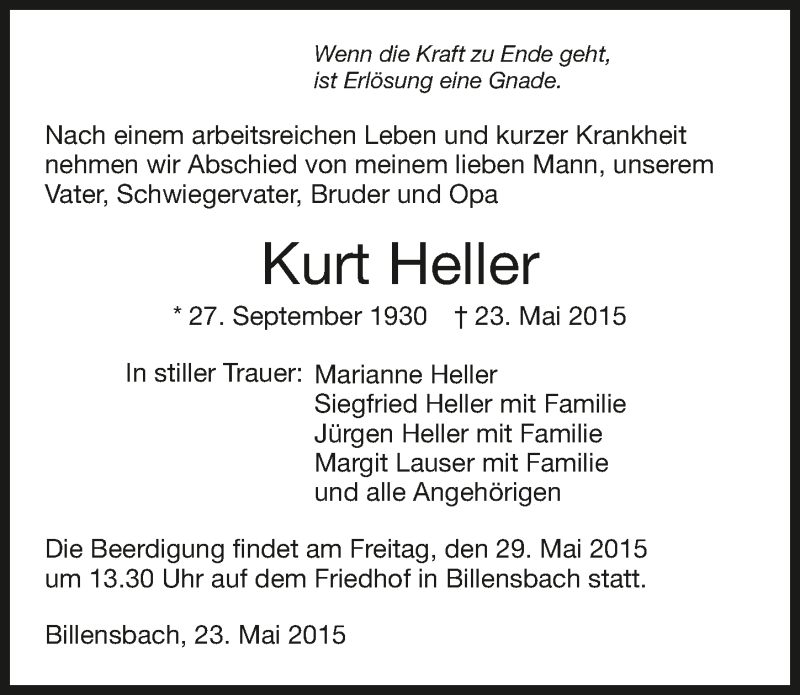  Traueranzeige für Kurt Heller vom 27.05.2015 aus 