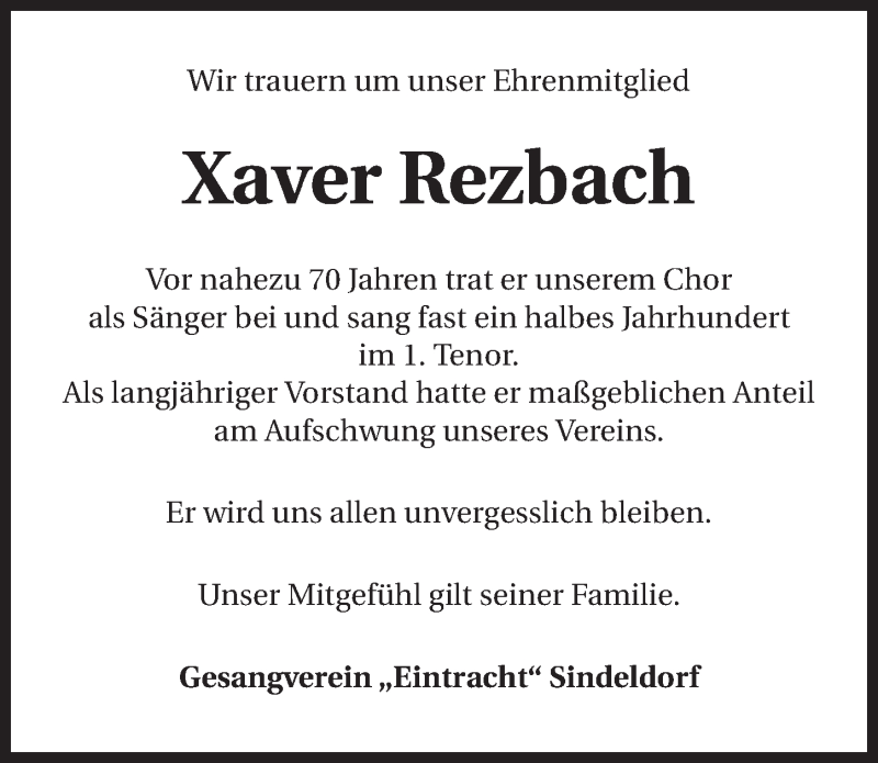  Traueranzeige für Xaver Rezbach vom 29.12.2014 aus 