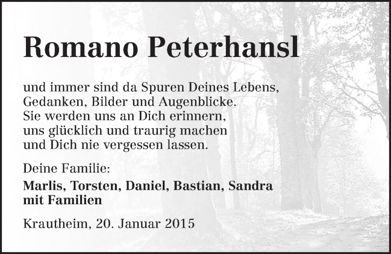  Traueranzeige für Romano Peterhansl vom 20.01.2015 aus 