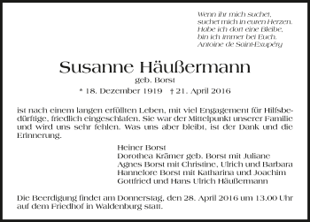 Traueranzeige von Susanne Häußermann 