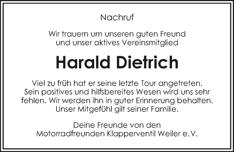  Traueranzeige für Harald Dietrich vom 15.08.2015 aus 