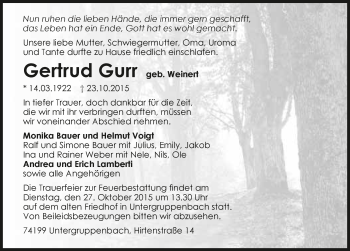 Traueranzeige von Gertrud Gurr 