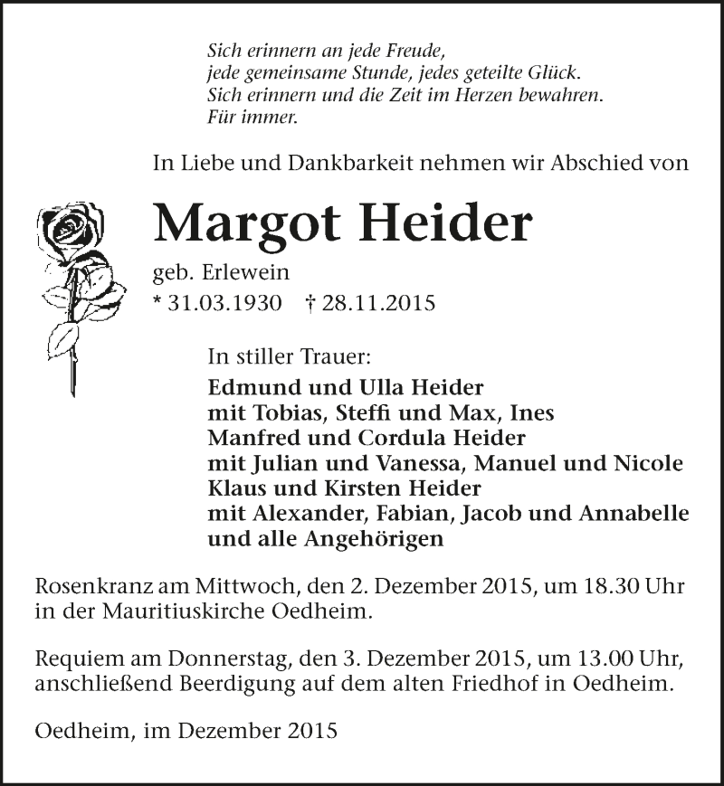  Traueranzeige für Margot Heider vom 01.12.2015 aus 