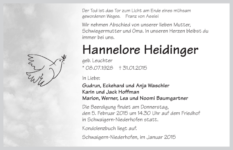  Traueranzeige für Hannelore Heidinger vom 03.02.2015 aus 