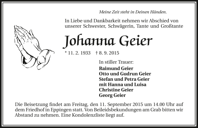  Traueranzeige für Johanna Geier vom 09.09.2015 aus 