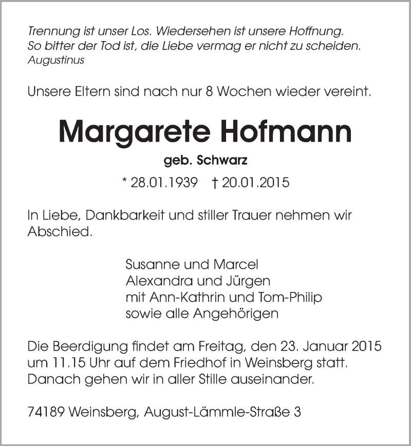  Traueranzeige für Margarete Hofmann vom 22.01.2015 aus 