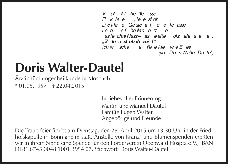  Traueranzeige für Doris Walter-Dautel vom 25.04.2015 aus 