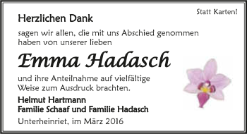 Traueranzeige von Emma Hadasch 