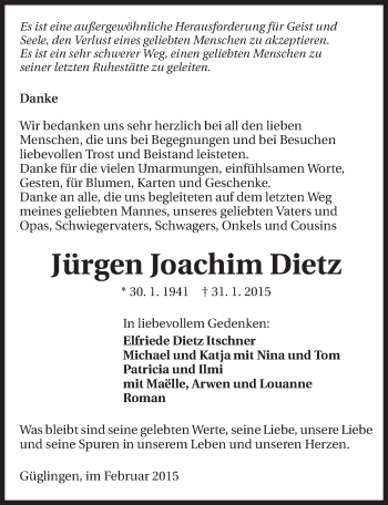Traueranzeige von Jürgen Joachim Dietz 