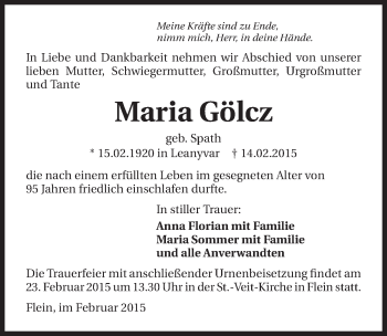 Traueranzeige von Maria Gölcz 