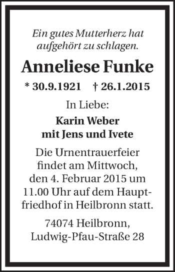 Traueranzeige von Anneliese Funke 
