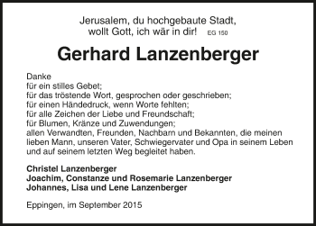 Traueranzeige von Gerhard Lanzenberger 