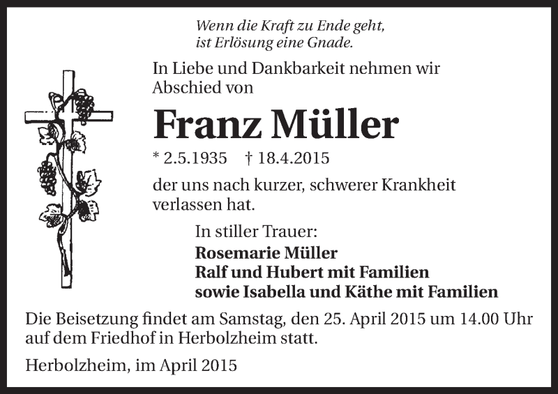  Traueranzeige für Franz Müller vom 22.04.2015 aus 