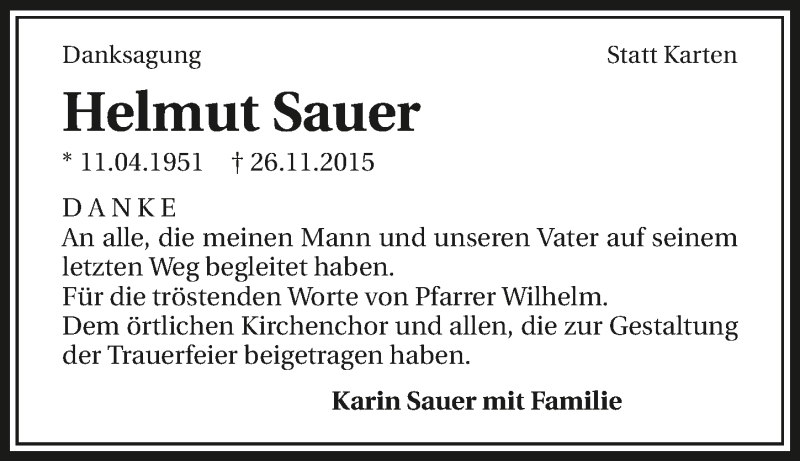 Traueranzeige für Helmut Sauer vom 20.01.2016 aus 