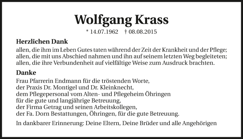  Traueranzeige für Wolfgang Krass vom 22.08.2015 aus 