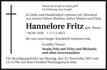 Traueranzeige von Hannelore Fritz 