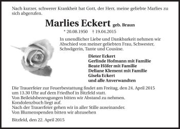 Traueranzeige von Marlies Eckert 
