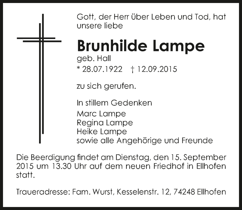  Traueranzeige für Brunhilde Lampe vom 14.09.2015 aus 