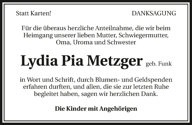  Traueranzeige für Lydia Pia Metzger vom 15.09.2015 aus 