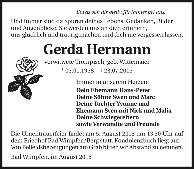  Traueranzeige für Gerda Hermann vom 01.08.2015 aus 
