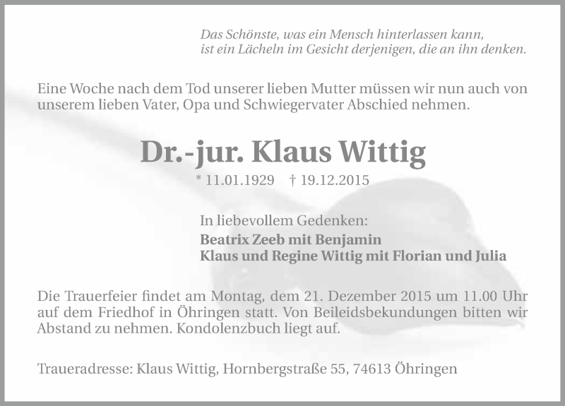  Traueranzeige für Klaus Wittig vom 21.12.2015 aus 