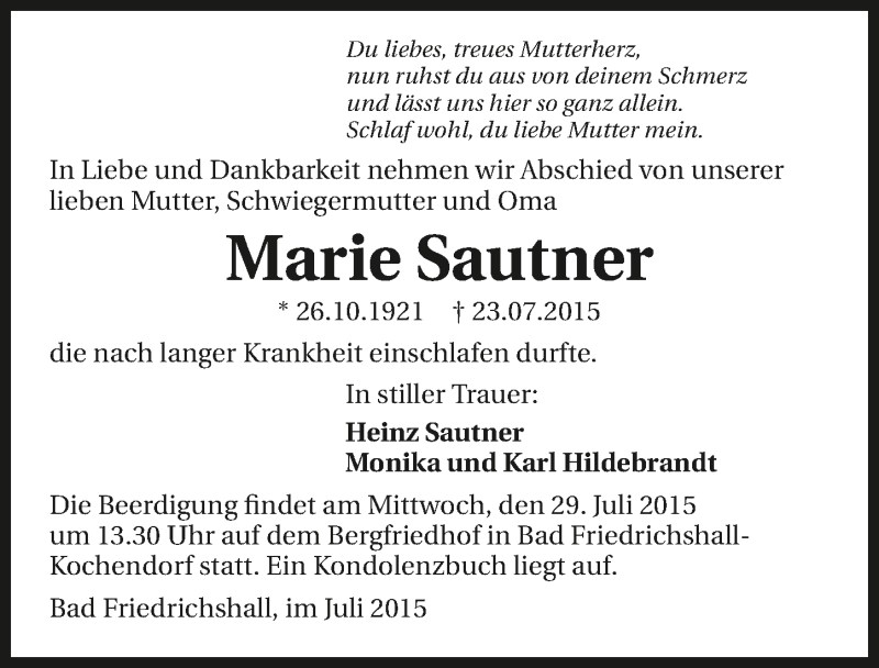  Traueranzeige für Marie Sautner vom 25.07.2015 aus 