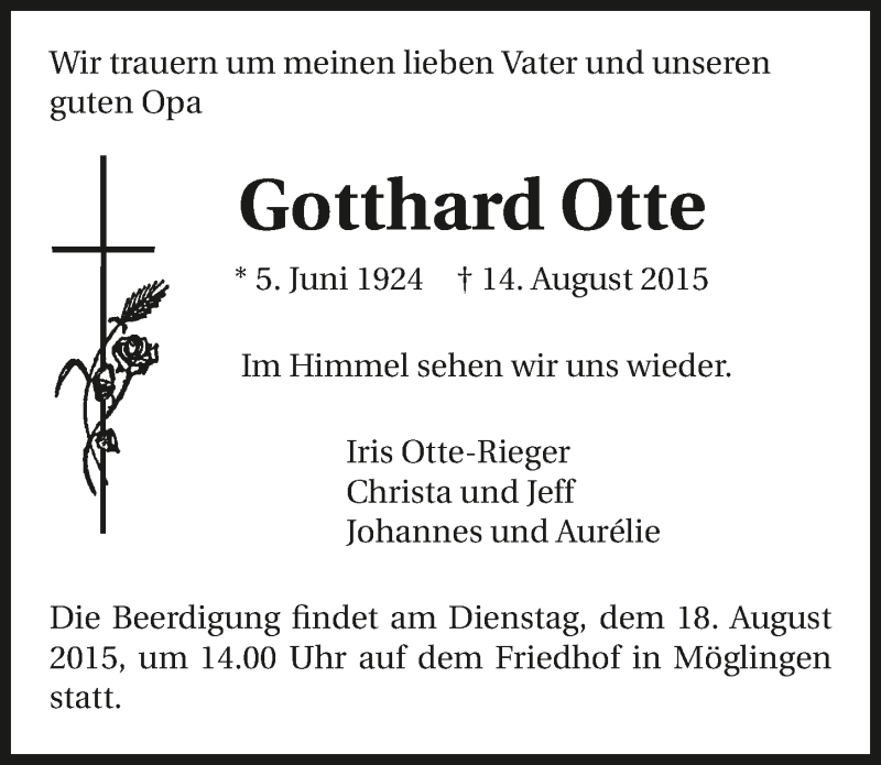  Traueranzeige für Gotthard Otte vom 17.08.2015 aus 