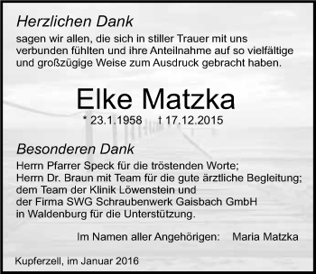 Traueranzeige von Elke Matzka 