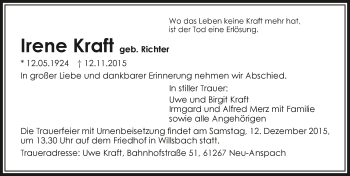 Traueranzeige von Irene Kraft 