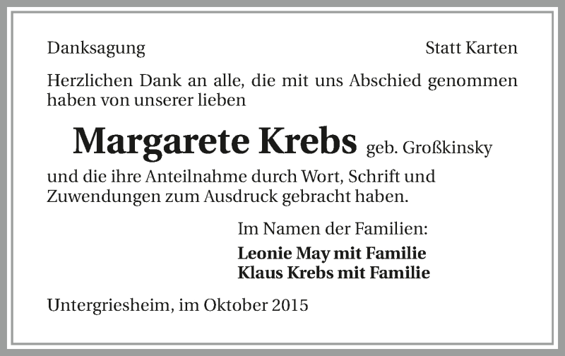  Traueranzeige für Margarete Krebs vom 10.10.2015 aus 