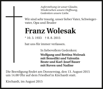Traueranzeige von Franz Wolesak 